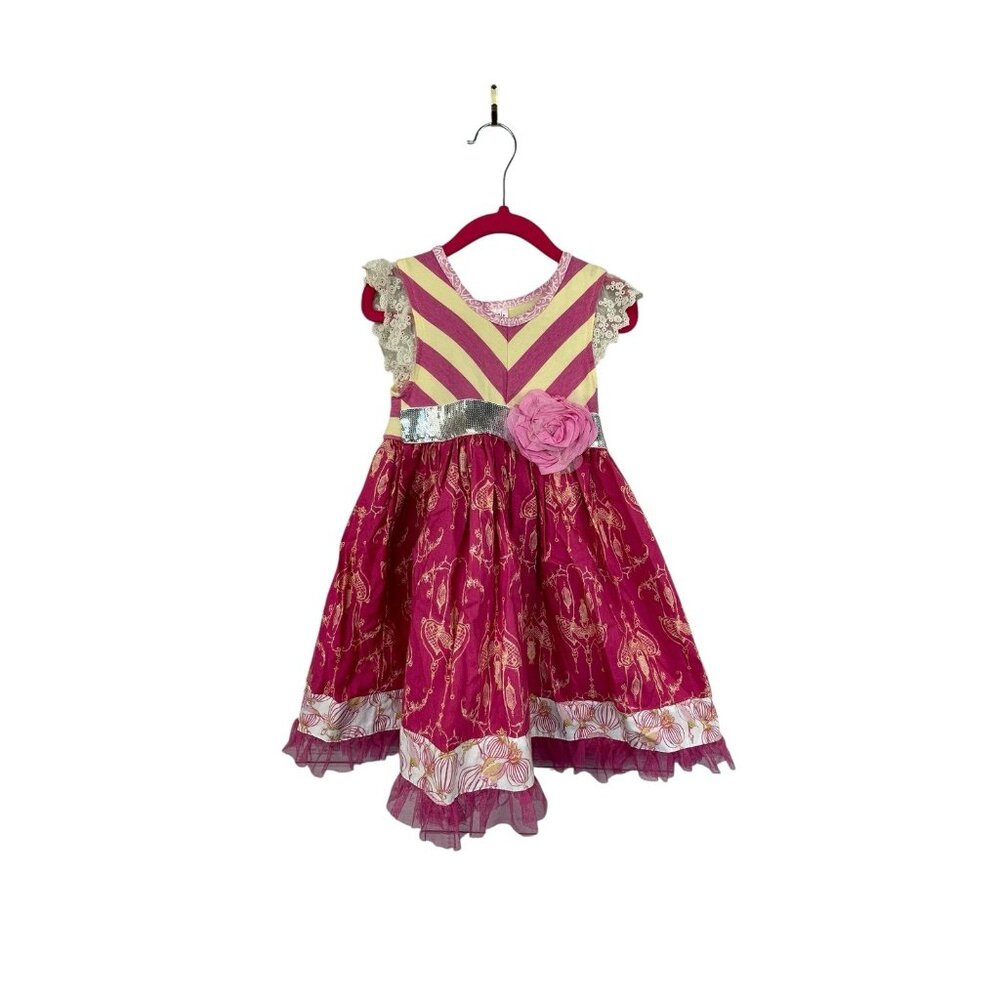 Giggle Moon Girls Dress Pink Yellow Birds Sequins Tulle Size 6